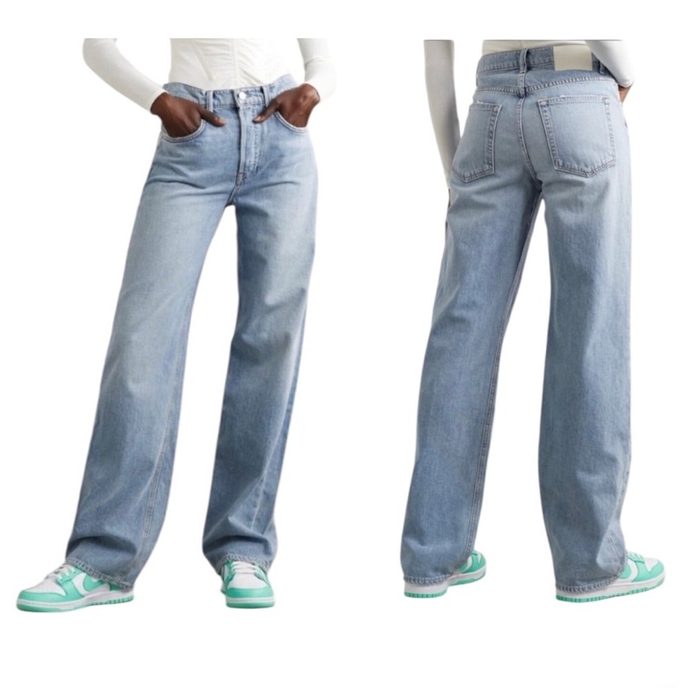 GRLFRND The Brooklyn High Rise Loose Straight Jeans Light Wash Raw Hem Size 27